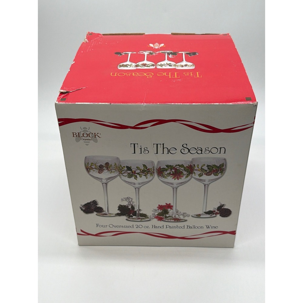 Block Crystal Tis The Season 20oz Hand Painted Balloon Wine Glasses Set of 4